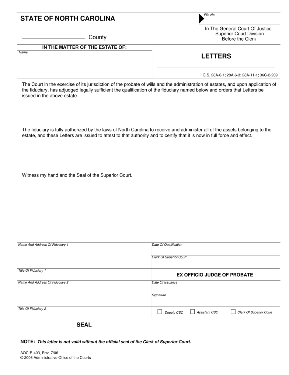 Form AOC-E-403 Letters - North Carolina, Page 1