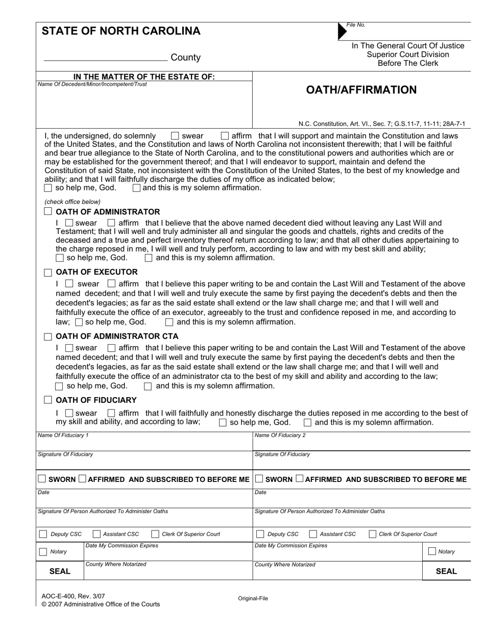 Form AOC-E-400 Oath / Affirmation - North Carolina, Page 1