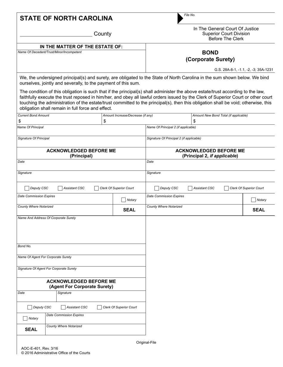 Form AOC-E-401 Bond (Corporate Surety / Personal Sureties) - North Carolina, Page 1