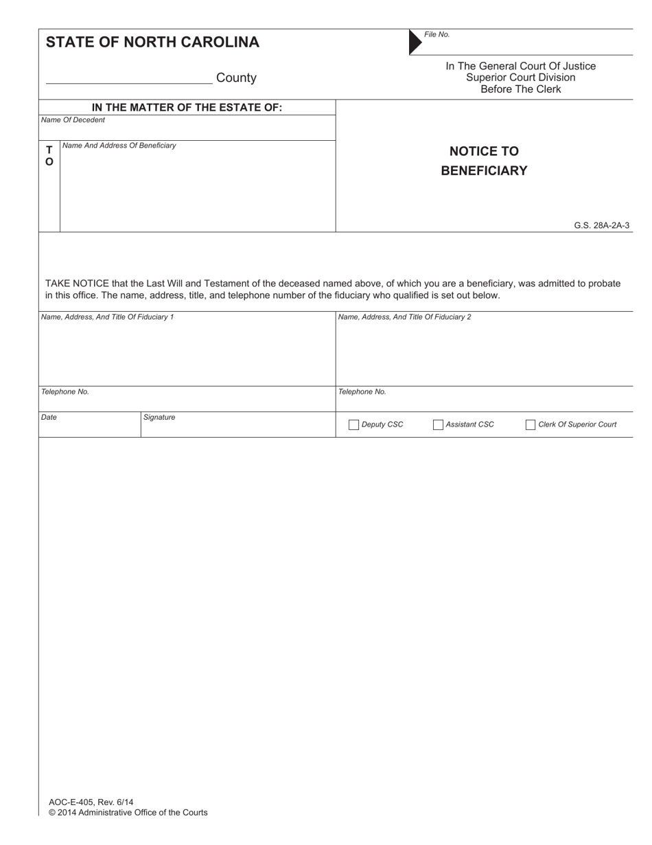 Form AOC-E-405 Notice to Beneficiary - North Carolina, Page 1