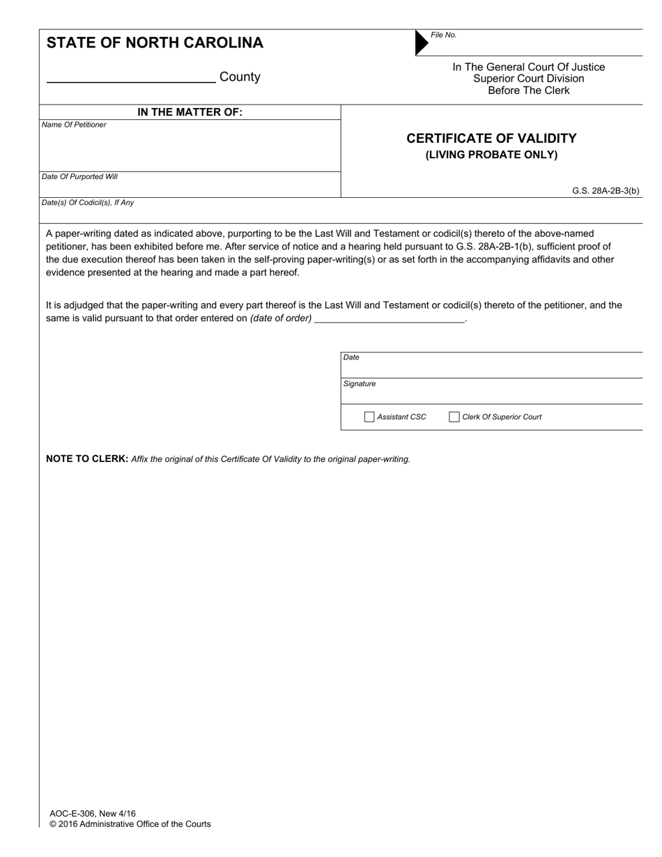 Form AOC-E-306 Certificate of Validity (Living Probate Only) - North Carolina, Page 1