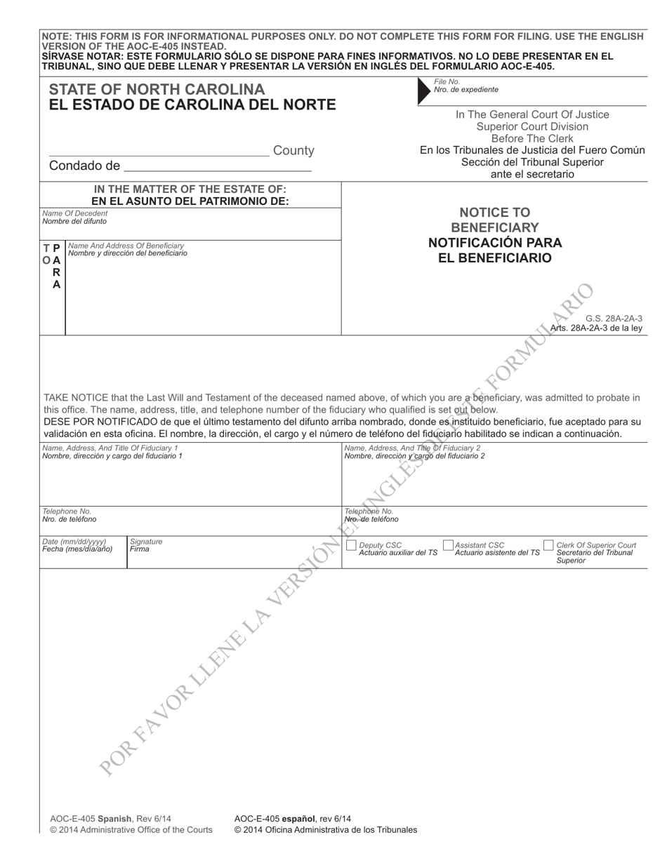 Form AOC-E-405 SPANISH Notice to Beneficiary - North Carolina (English / Spanish), Page 1