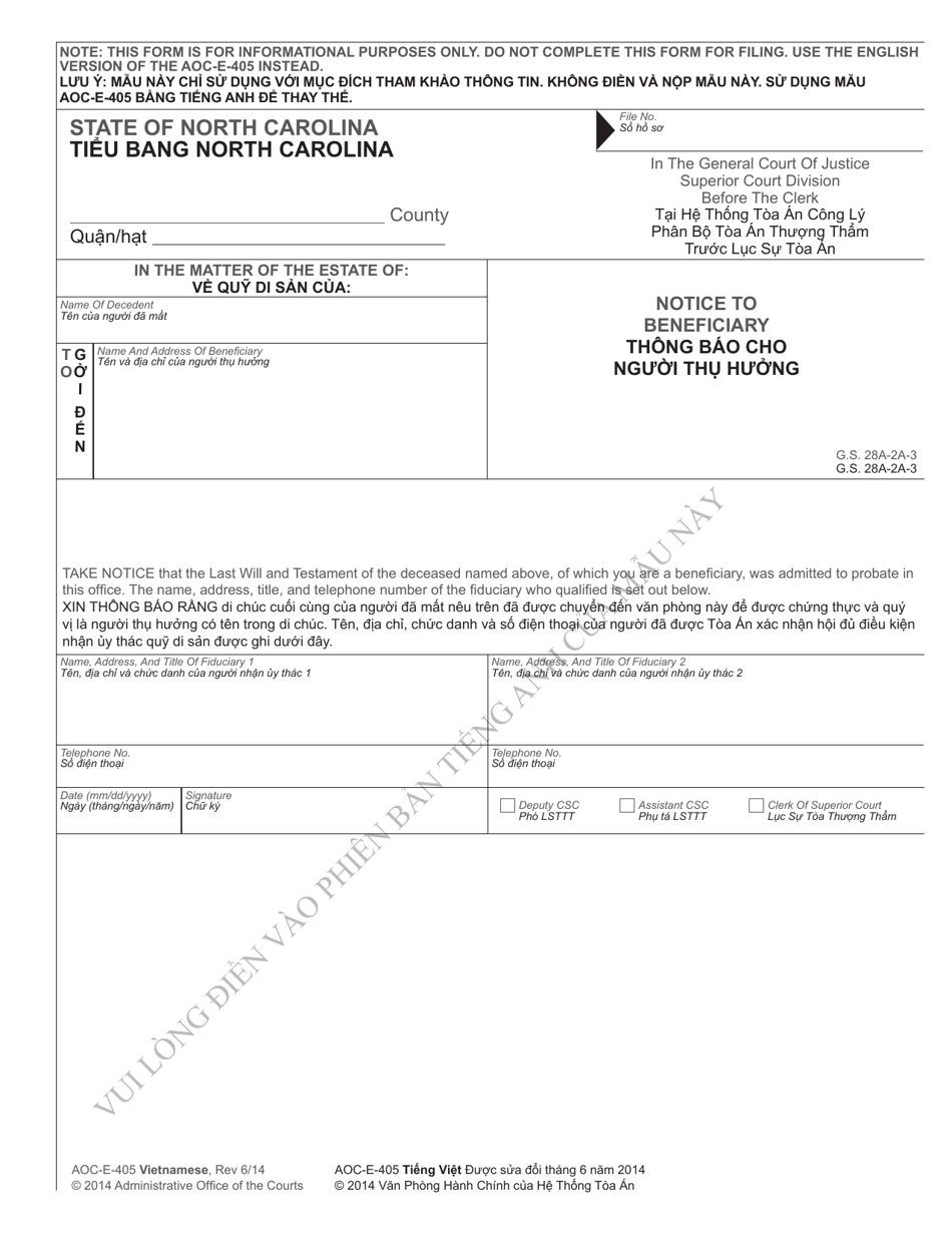 Form AOC-E-405 VIETNAMESE Notice to Beneficiary - North Carolina (English / Vietnamese), Page 1