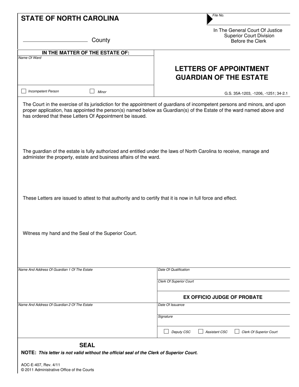 Form AOC-E-407 Letters of Appointment Guardian of the Estate - North Carolina, Page 1