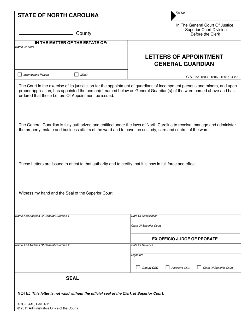Form AOC-E-413 Letters of Appointment General Guardian - North Carolina, Page 1