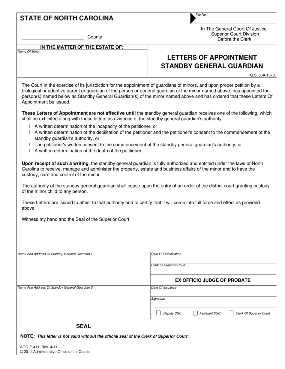 Form AOC-E-411 Letters of Appointment Standby General Guardian - North Carolina, Page 1