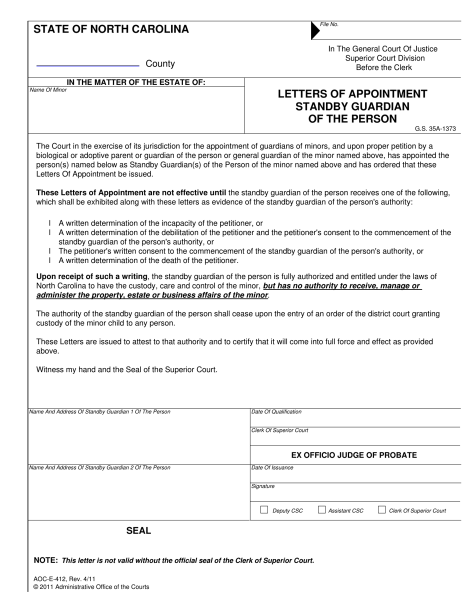 Form AOC-E-412 Letters of Appointment Standby Guardian of the Person - North Carolina, Page 1
