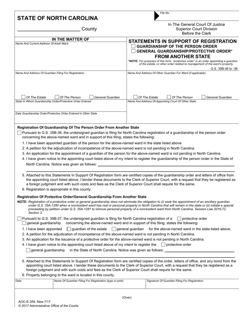 Form AOC-E-359 Statements in Support of Registration Guardianship of the Person Order/General Guardianship/Protective Order From Another State - North Carolina