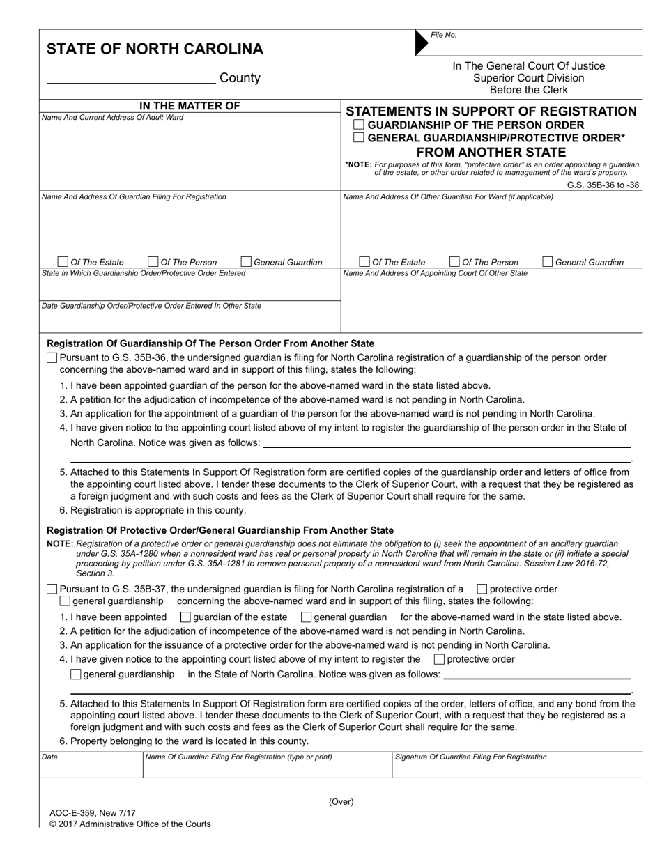 Form AOC-E-359 Statements in Support of Registration Guardianship of the Person Order / General Guardianship / Protective Order From Another State - North Carolina, Page 1