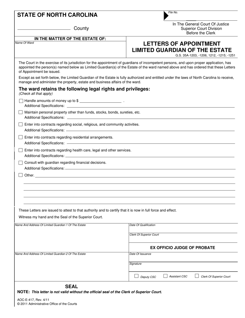 Form AOC-E-417 Letters of Appointment Limited Guardian of the Estate - North Carolina, Page 1