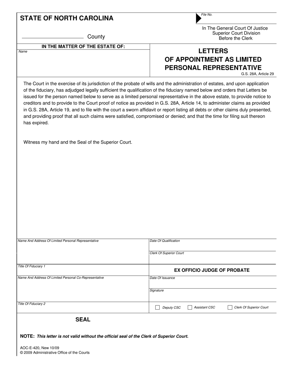 Form AOC-E-420 Letters of Appointment as Limited Personal Representative - North Carolina, Page 1