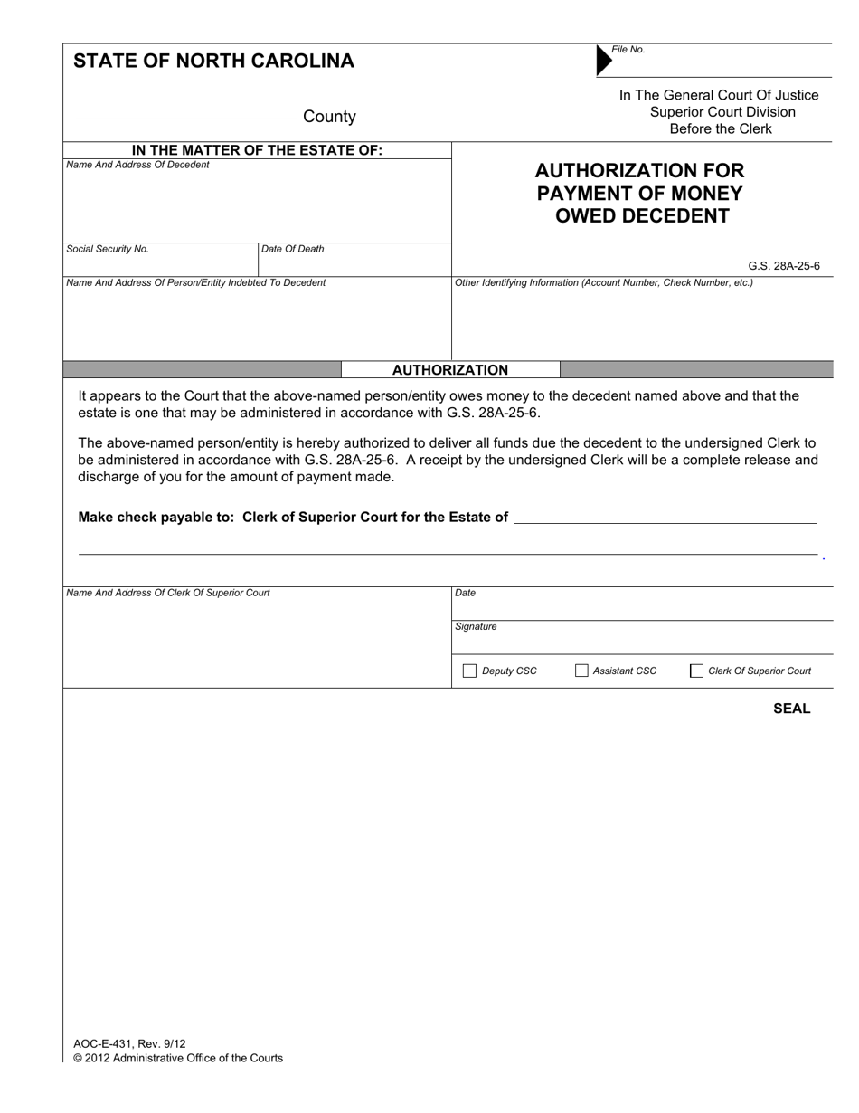 Form AOC-E-431 Authorization for Payment of Money Owed Decedent - North Carolina, Page 1