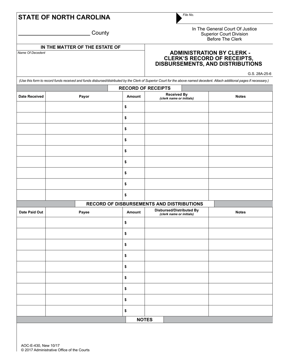 Form AOC-E-430 Administration by Clerk - Clerk's Record of Receipts, Disbursements, and Distributions - North Carolina, Page 1