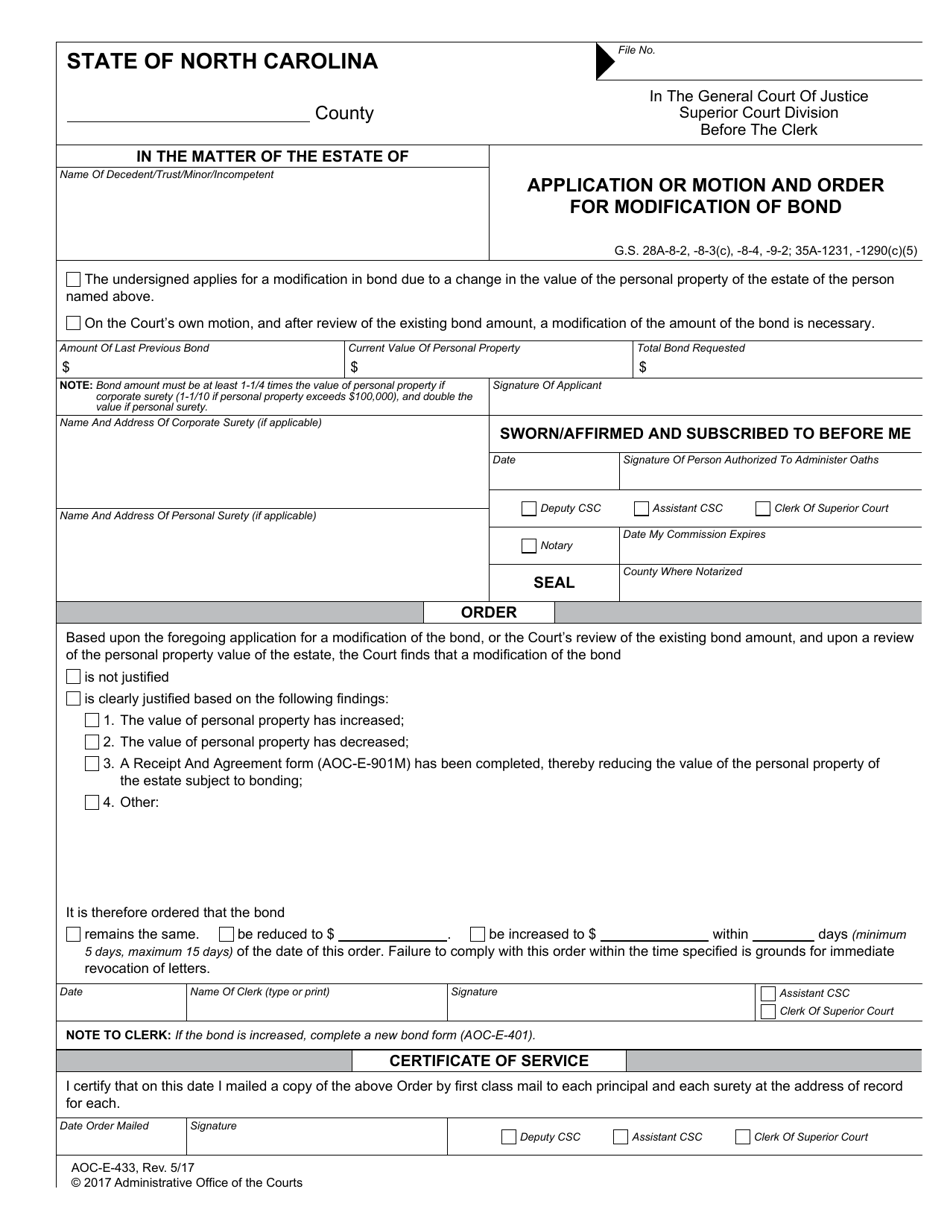 Form AOC-E-433 Application or Motion and Order for Modification of Bond - North Carolina, Page 1