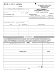 Document preview: Form AOC-E-432 Application for Administration by Clerk (Not to Exceed $5,000) - North Carolina
