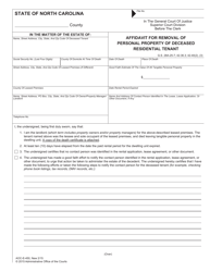 Document preview: Form AOC-E-450 Affidavit for Removal of Personal Property of Deceased Residential Tenant - North Carolina