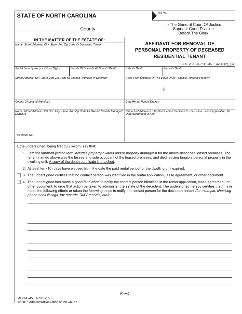 Form AOC-E-450 Affidavit for Removal of Personal Property of Deceased Residential Tenant - North Carolina, Page 1
