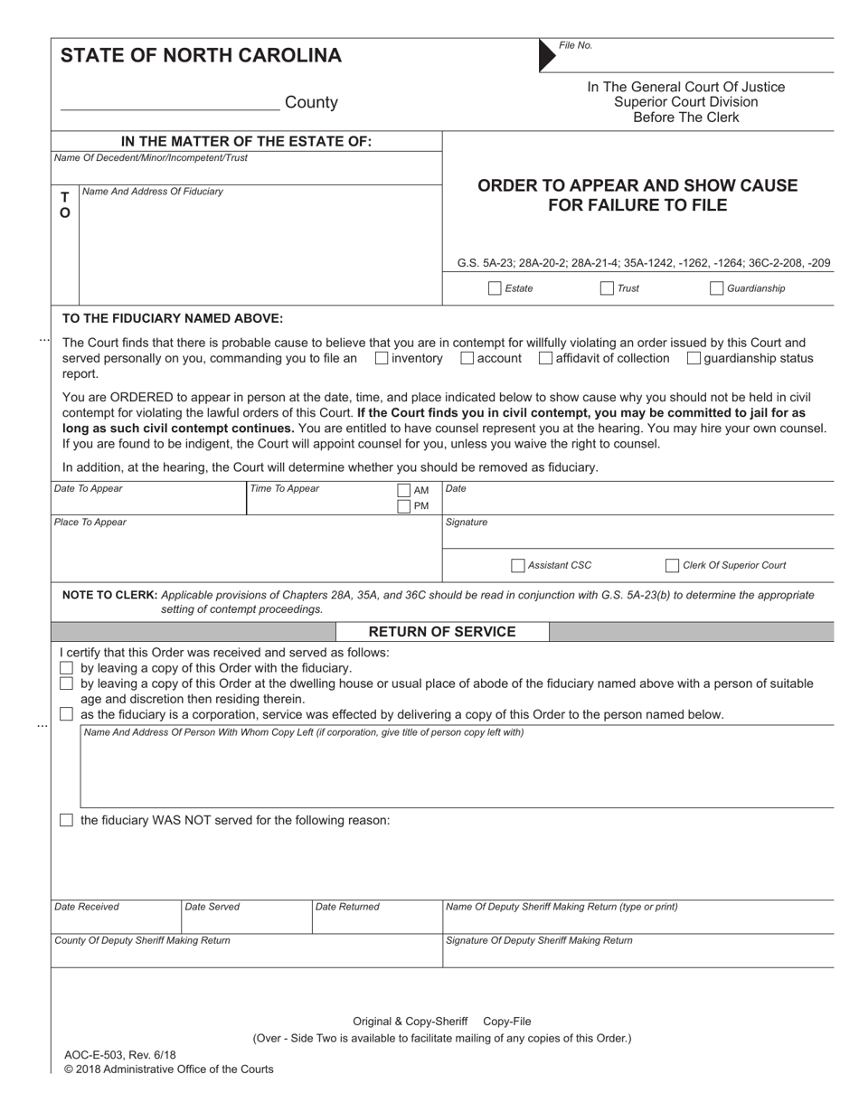 Form AOC-E-503 Order to Appear and Show Cause for Failure to File - North Carolina, Page 1