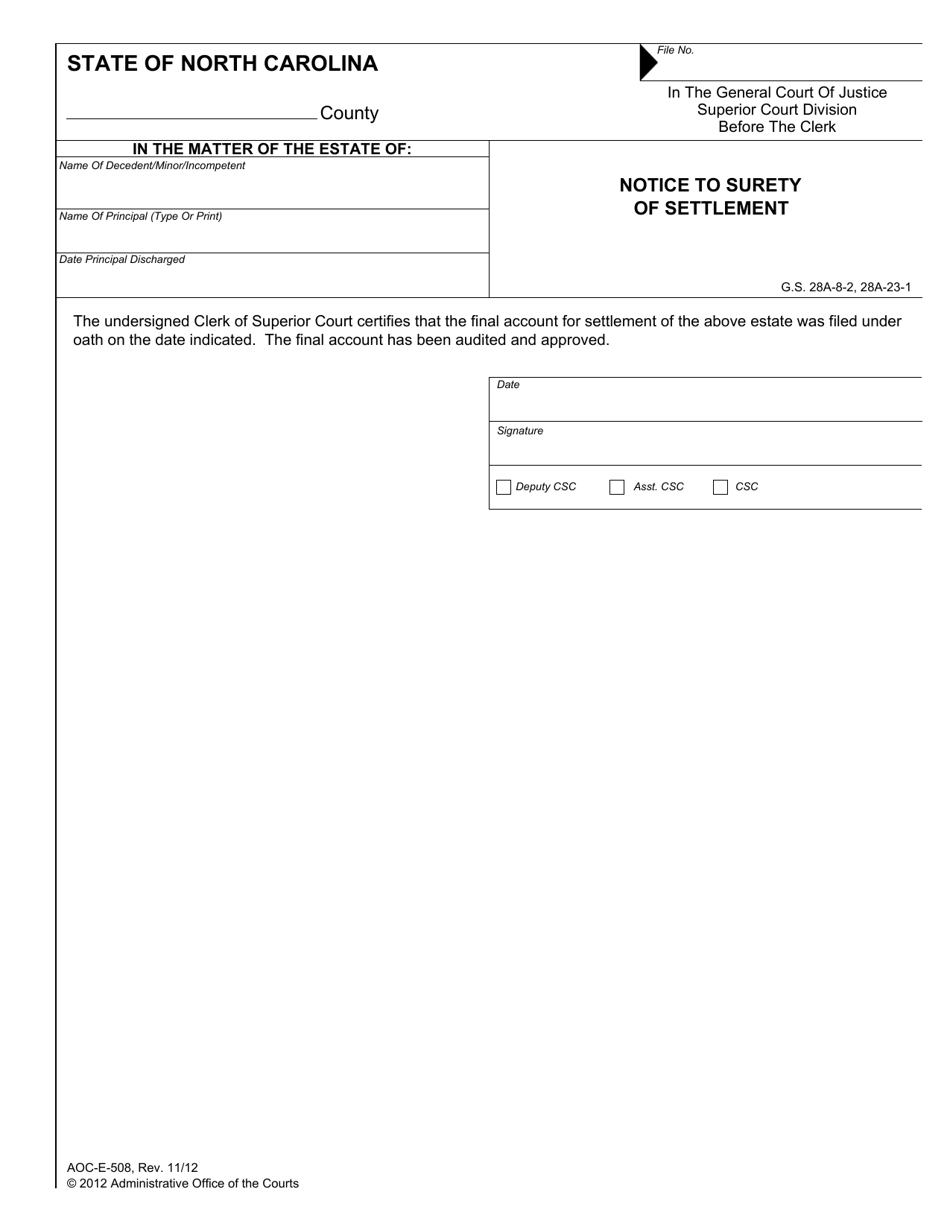 Form AOC-E-508 Notice to Surety of Settlement - North Carolina, Page 1