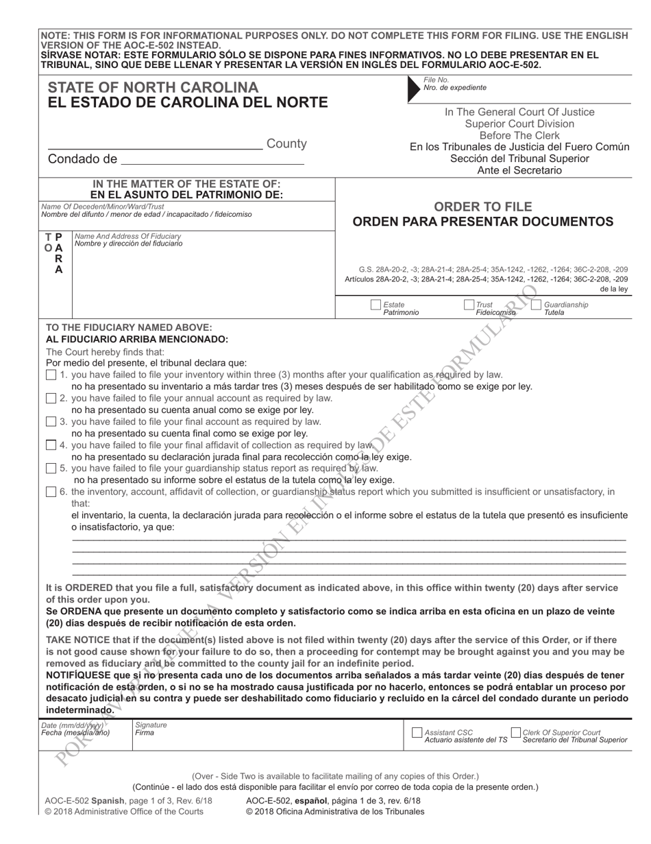 Form AOC-E-502 SPANISH Orden Para Presentar Documentos - North Carolina (English / Spanish), Page 1