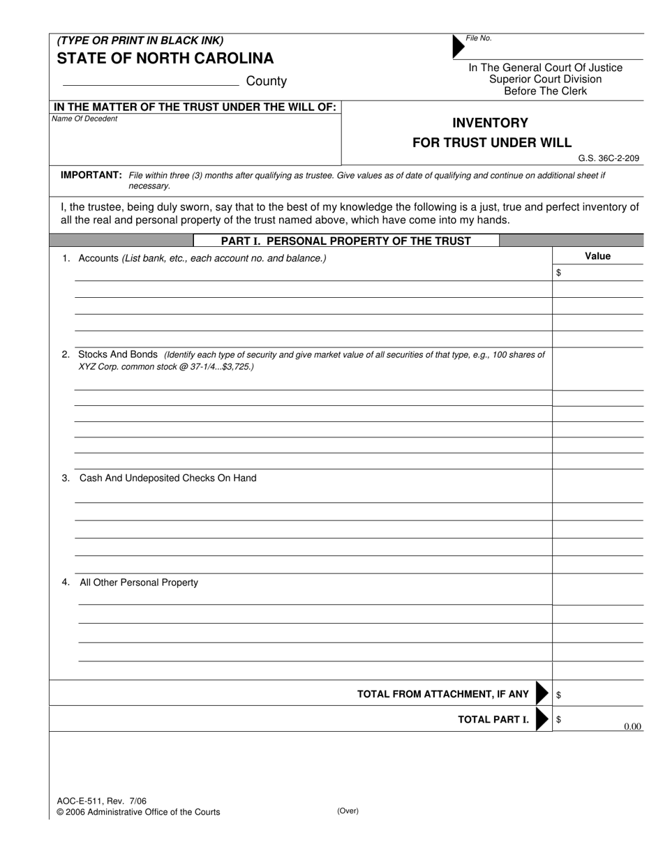 Form AOC-E-511 Inventory for Trust Under Will - North Carolina, Page 1