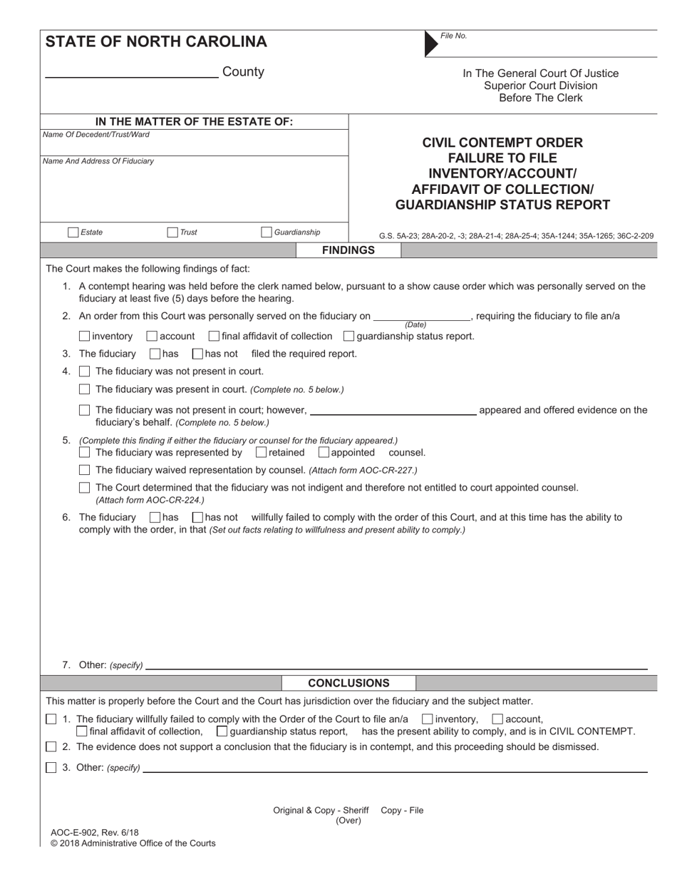 Form AOC-E-902 Civil Contempt Order Failure to File Inventory / Account / Affidavit of Collection / Guardianship Status Report - North Carolina, Page 1