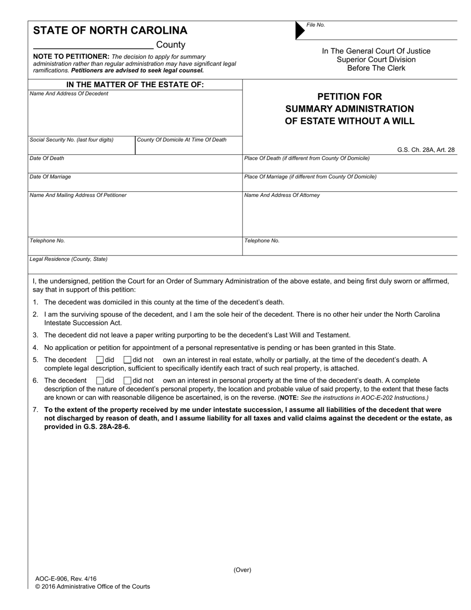 Form AOC-E-906 Petition for Summary Administration of Estate Without a Will - North Carolina, Page 1