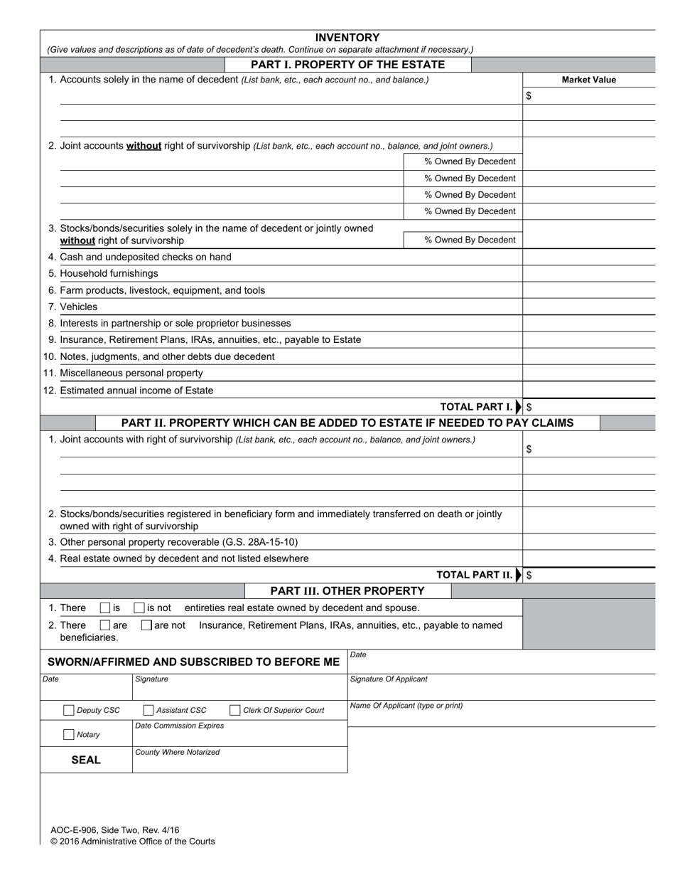 Form AOC-E-906 Petition for Summary Administration of Estate Without a Will - North Carolina, Page 2