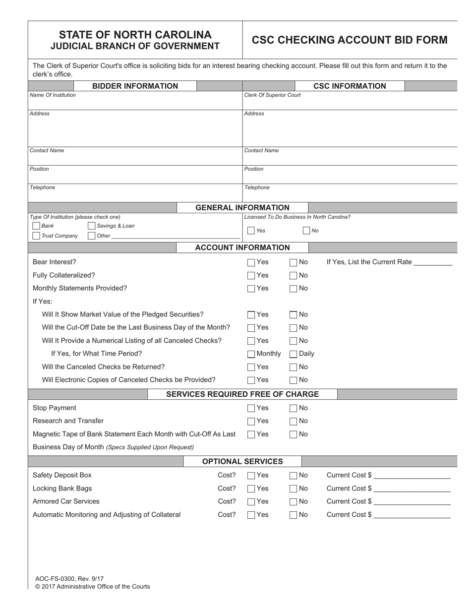 Form AOC-FS-0300 Csc Checking Account Bid Form - North Carolina, Page 1