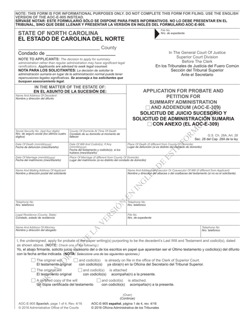 Form AOC-E-905 SPANISH Solicitud De Juicio Sucesorio Y Solicitud De Administracion Sumaria - North Carolina (English/Spanish)