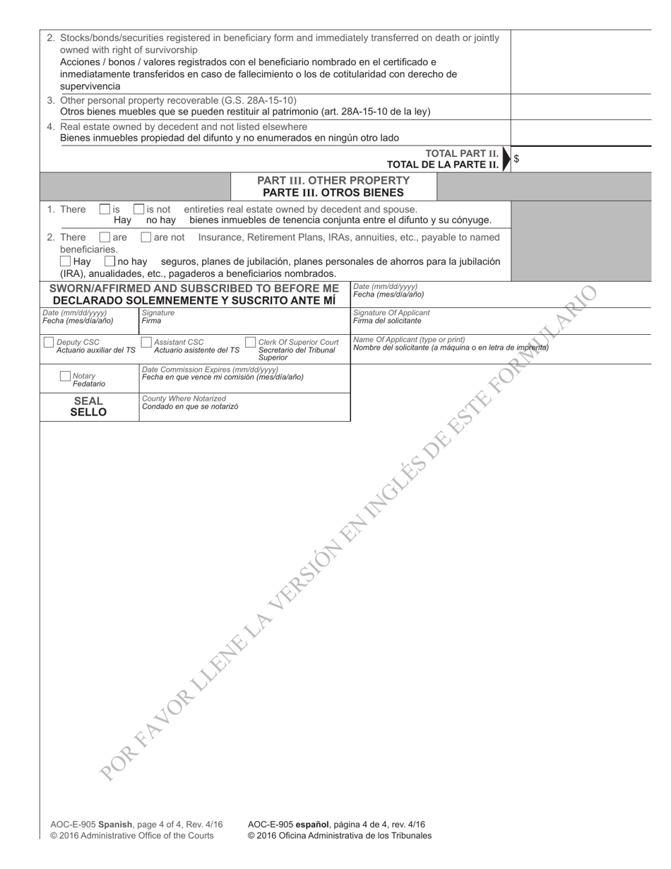 Form AOC-E-905 SPANISH Solicitud De Juicio Sucesorio Y Solicitud De Administracion Sumaria - North Carolina (English / Spanish), Page 4