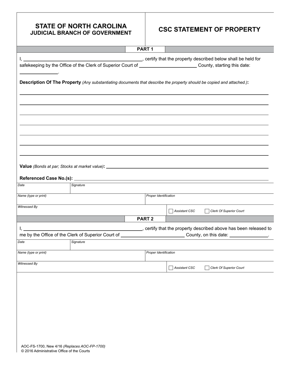 Form AOC-FS-1700 Csc Statement of Property - North Carolina, Page 1