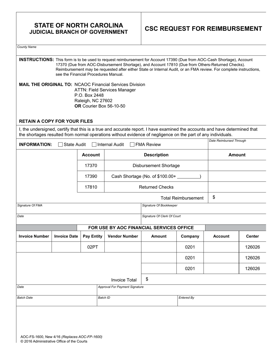 Form AOC-FS-1600 Csc Request for Reimbursement - North Carolina, Page 1