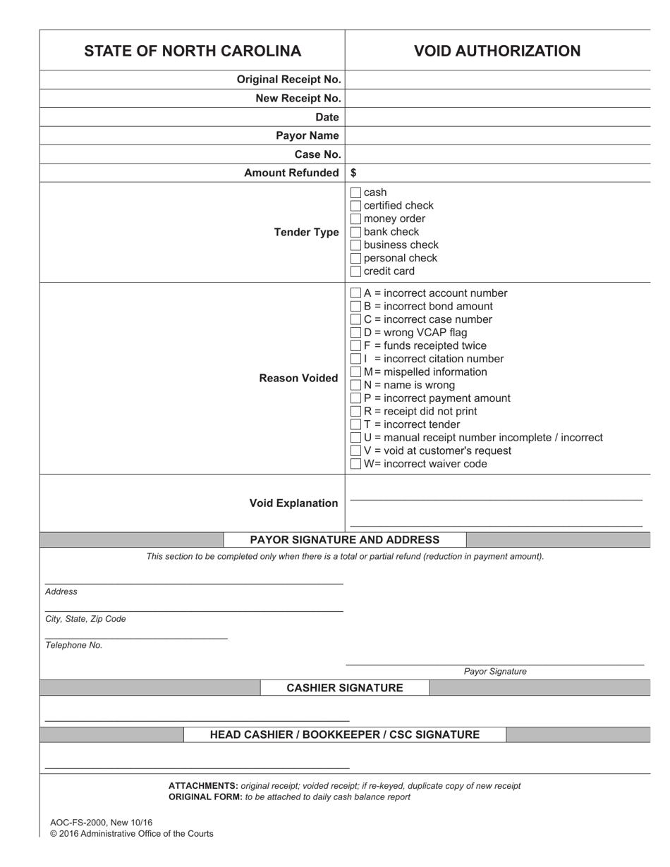 Form AOC-FS-2000 Void Authorization - North Carolina, Page 1