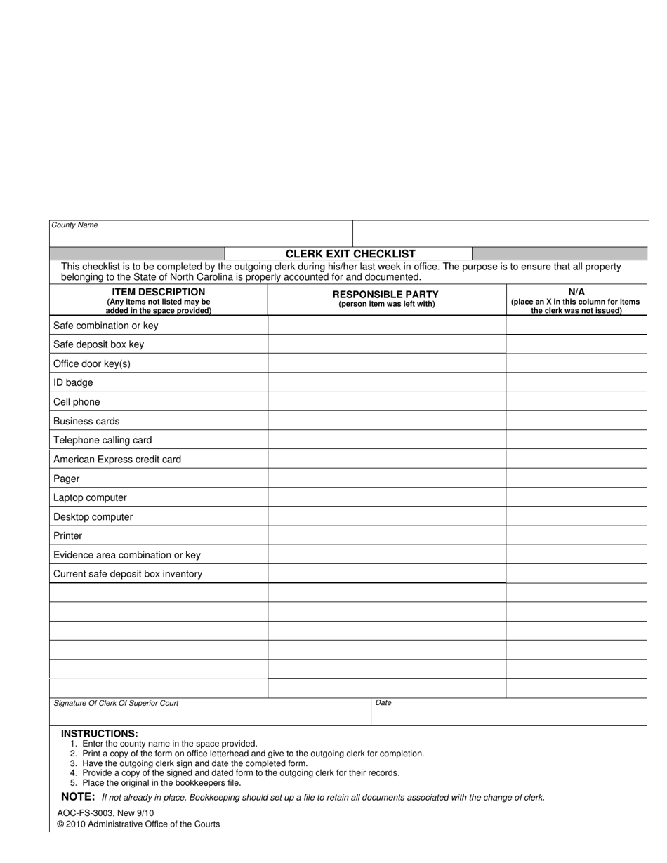 Form AOC-FS-3003 Clerk Exit Checklist - North Carolina, Page 1