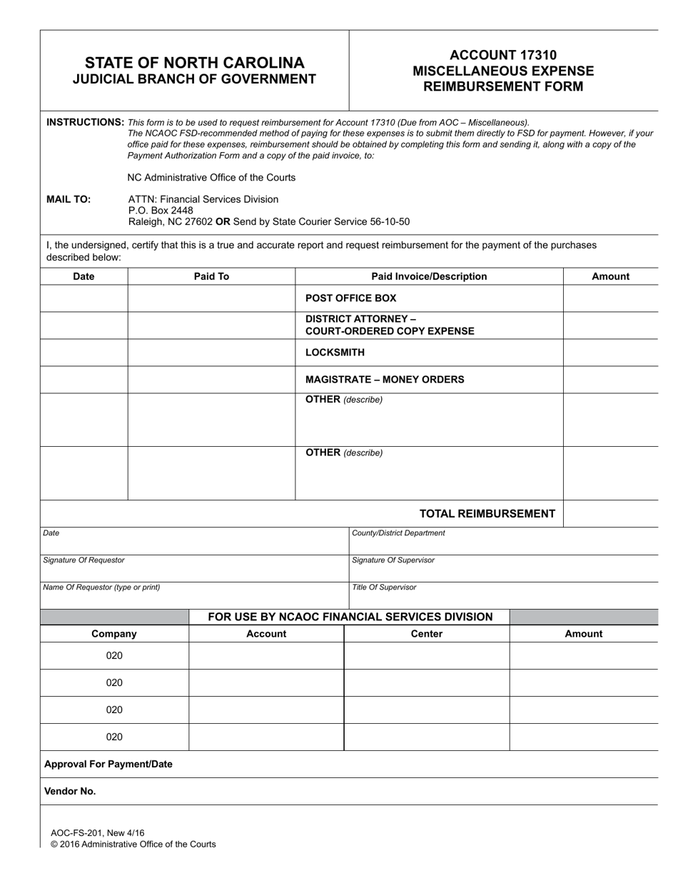 Form AOC-FS-201 Account 17310 Miscellaneous Expense Reimbursement Form - North Carolina, Page 1
