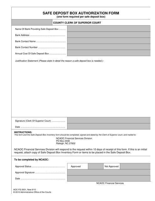 Form AOC-FS-3001 Safe Deposit Box Authorization Form - North Carolina