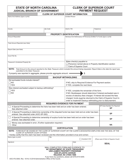 Form AOC-FS-3000 Clerk of Superior Court Payment Request - North Carolina