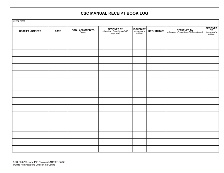 Form AOC-FS-3700 Csc Manual Receipt Book Log - North Carolina, Page 1