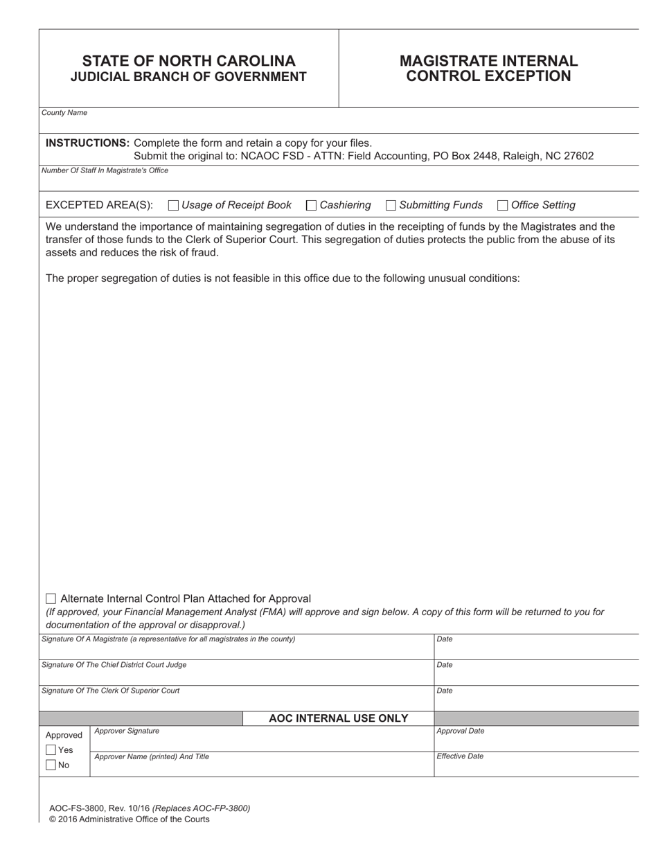 Form AOC-FS-3800 Magistrate Internal Control Exception - North Carolina, Page 1