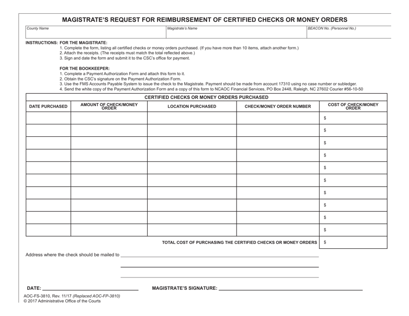 Form AOC-FS-3810 Magistrate's Request for Reimbursement of Certified Checks or Money Orders - North Carolina