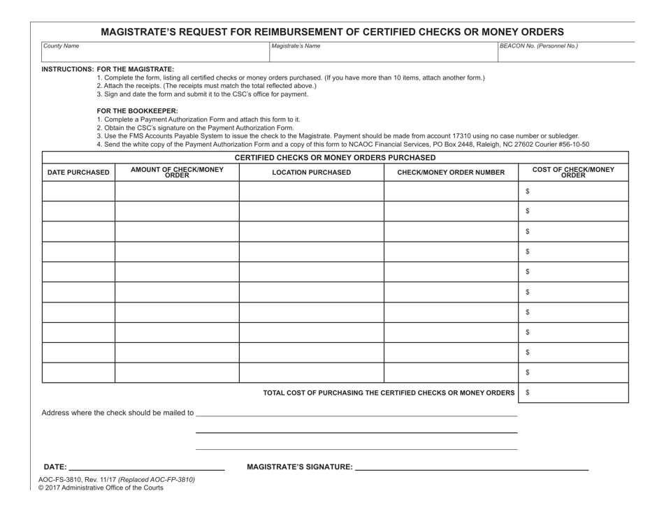 Form AOC-FS-3810 Magistrates Request for Reimbursement of Certified Checks or Money Orders - North Carolina, Page 1