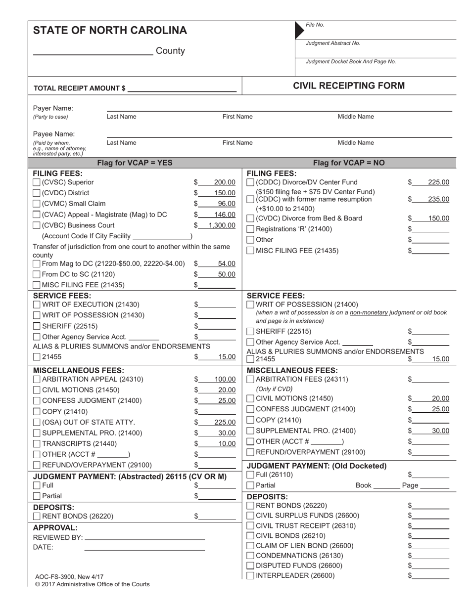 Form AOC-FS-3900 Civil Receipting Form - North Carolina, Page 1