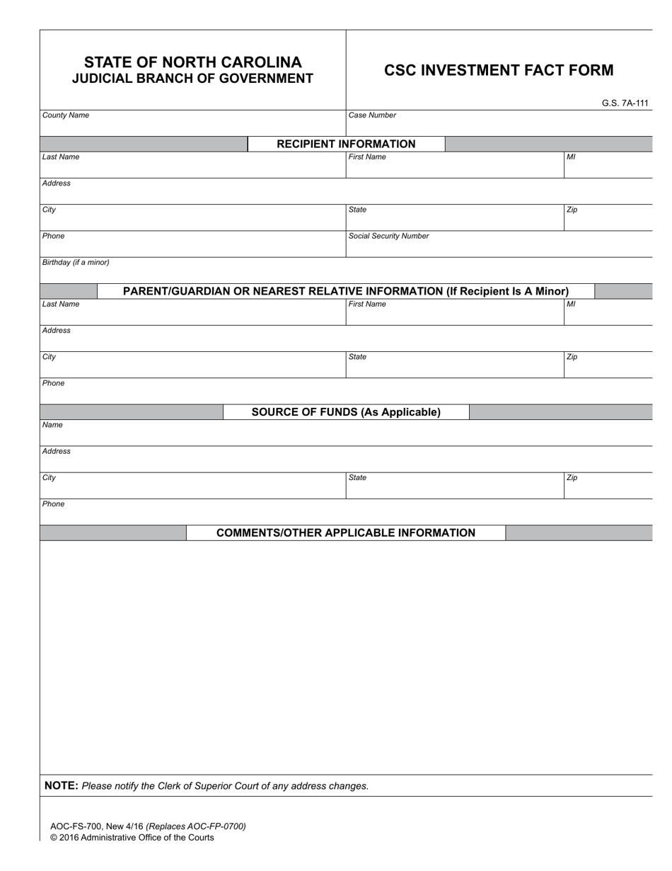 Form AOC-FS-700 Csc Investment Fact Form - North Carolina, Page 1