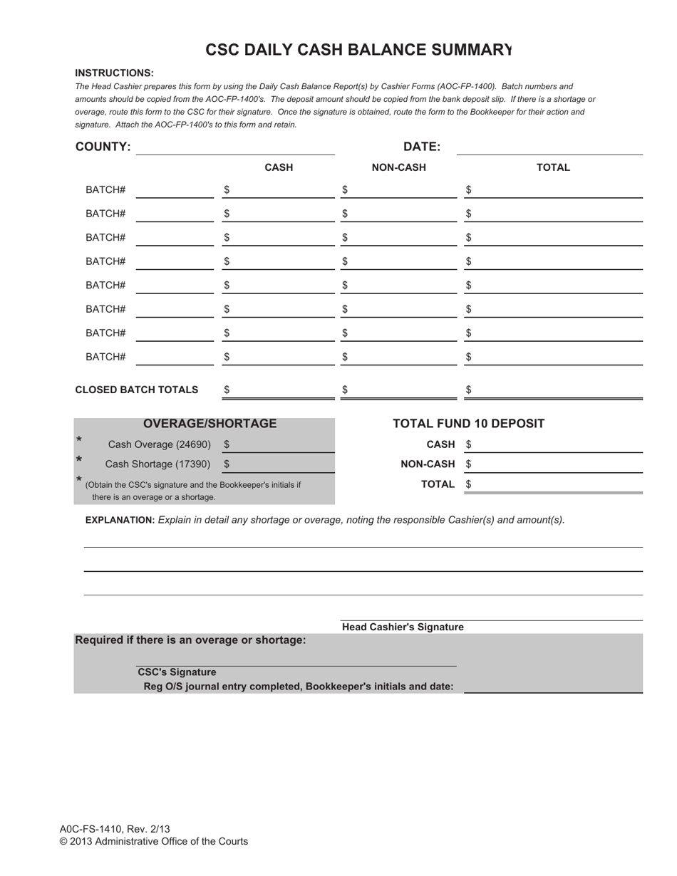 Form AOC-FS-1410 Csc Daily Cash Balance Summary - North Carolina, Page 1