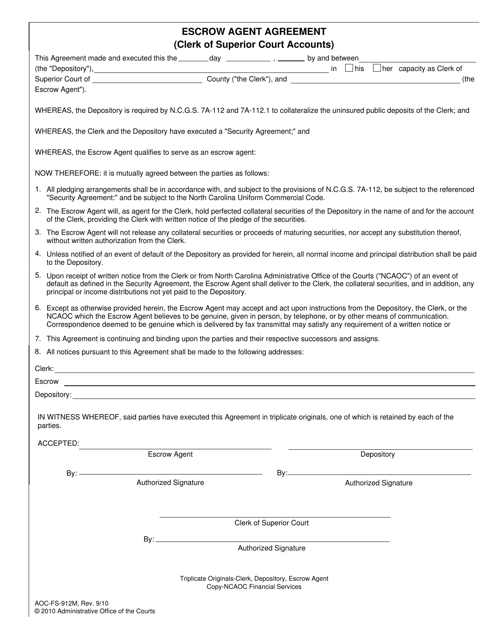 Form AOC-FS-912M Escrow Agent Agreement (Clerk of Superior Court Accounts) - North Carolina