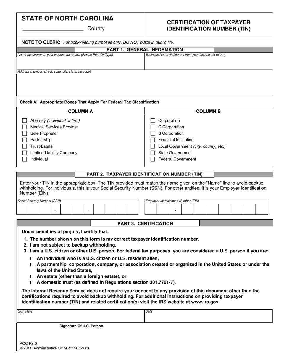 Form AOC-FS-9 Certification of Taxpayer Identification Number (Tin) - North Carolina, Page 1