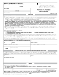 Document preview: Form AOC-G-106 Petition to Proceed as an Indigent - North Carolina