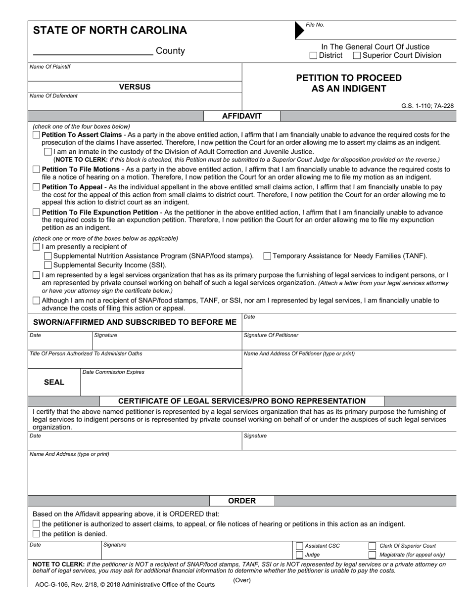 Form AOC-G-106 Petition to Proceed as an Indigent - North Carolina, Page 1
