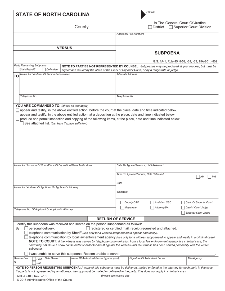 Form AOC-G-100 Subpoena - North Carolina, Page 1